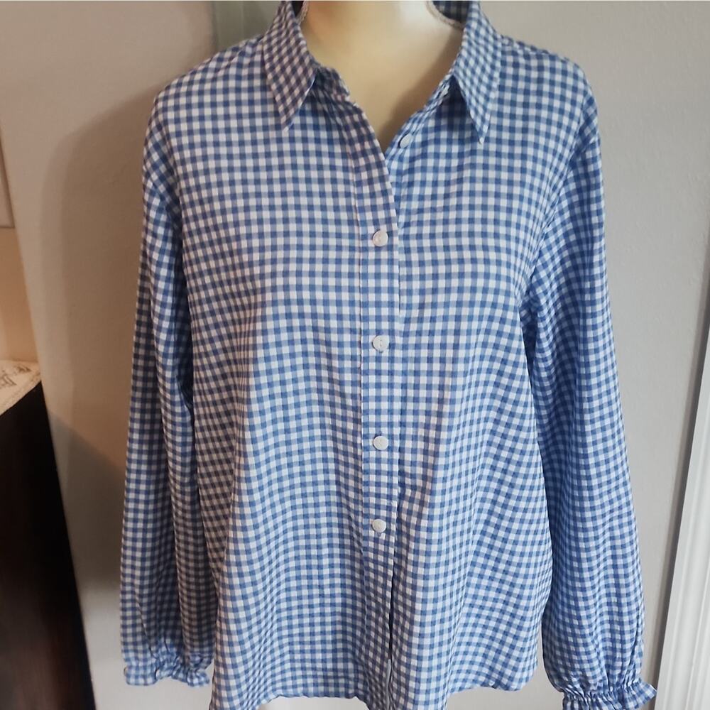Blue Mountain Blue White Gingham Collared Button Shirt Long Sleeve Size L